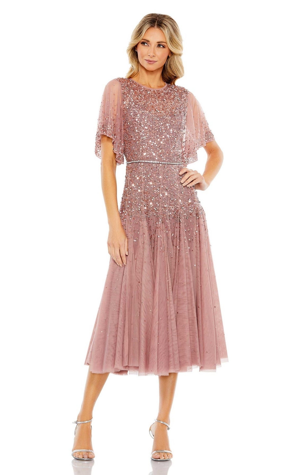 Sequin Knee-Length Wedding Guest Dress with Short Sleeves PromGirl Sequin Knee-Length Wedding Guest Dress with Short Sleeves PromGirl