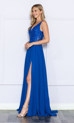 A woman stands sideways in the Beaded-Bodice Long A-Line Prom Dress 9366, a sleeveless royal blue gown with a sparkly beaded bodice, thigh-high slit, and paired with silver high-heeled sandals.