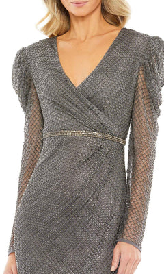Woman wearing the Short Wedding Guest Dress 93674 by Mac Duggal—a textured silver faux wrap dress with long sleeves, a deep V-neckline, fitted waist, and mesh overlay—perfect for a chic semi-formal look.