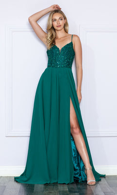 V-Back Long A-Line Prom Dress with Sequins Emerald / Medium V-Back Long A-Line Prom Dress with Sequins Emerald / Medium