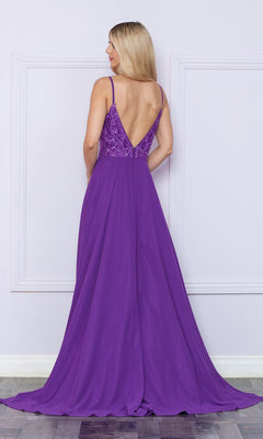 A woman stands facing away in front of a light wall, wearing the Sequin-Bodice Long A-Line Prom Dress 9368—a floor-length, sleeveless purple gown with a deep V-back and sparkling sequin bodice.