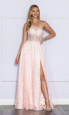 A woman wears the One-Shoulder Embroidered Long Prom Dress 9372, featuring a sheer bodice, sequin accents, and a thigh-high slit, as she stands against a pale purple wall.