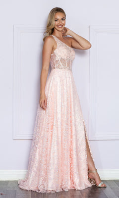 A woman poses indoors in the One-Shoulder Embroidered Long Prom Dress 9372—a light pink formal gown with a slit, sparkling embellishments, and elegant embroidery—wearing one hand on her head and the other by her side.