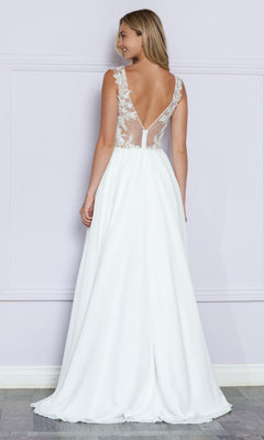 A woman faces away from the camera, wearing the Sheer-Lace Bodice Long White Formal Dress 9376, featuring a sheer-lace bodice and flowing skirt, standing against a pale wall.