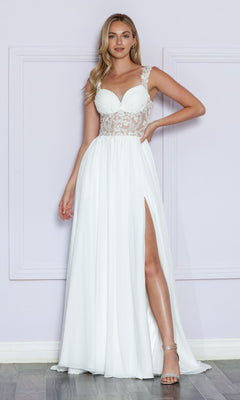 A woman wears the Sheer-Lace Bodice Long White Formal Dress 9376, featuring a sweetheart neckline and thigh-high slit, standing by a light purple wall.