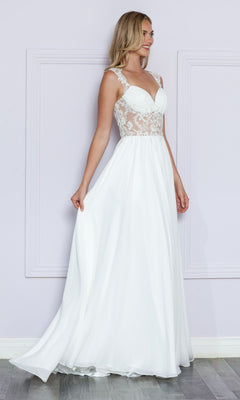 A woman smiles as she stands against a light purple wall, holding the side of her Sheer-Lace Bodice Long White Formal Dress 9376, featuring a sheer-lace bodice and flowing skirt.