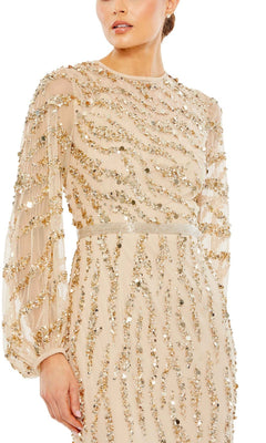 A person wears the Mac Duggal 93789, a long sleeve gold formal dress with nude fabric and gold sequin stripes. Their face is partially out of frame.
