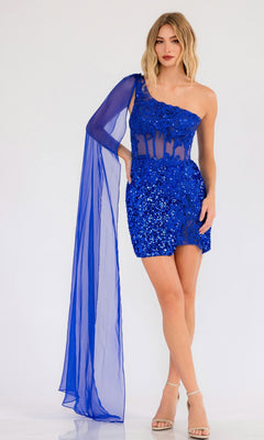 A woman models the Juliet JT937R Sash Short Sequin Homecoming Dress, featuring vibrant blue sequins, a one-shoulder design, sheer detailing, and a long chiffon sleeve against a plain background.