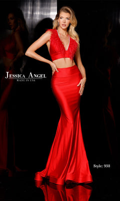open lace back dress Long Red Two-Piece Halter Prom Dress with Feathers Red / 3XLarge