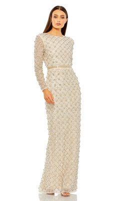 A woman exudes grace and elegance in the Long Formal Dress 93827 by Mac Duggal, her white gown embodying timeless style.
