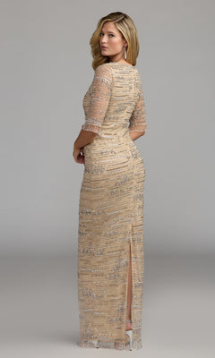 A woman faces away, looking over her shoulder, wearing the Long Formal Dress: Mac Duggal 93832—a beige, floor-length gown adorned with crystal beading, featuring elbow-length sleeves and a back slit—showcasing an elegant take on modest formalwear.