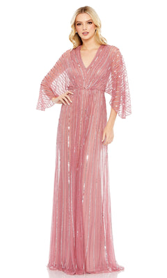 A woman stands facing forward in the Mac Duggal 93841 Long Sequin A-Line Formal Dress, featuring floor-length pink sheer fabric, sequin stripes, wide sleeves, and a V-neckline against a white background.