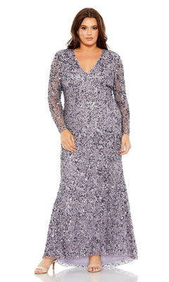 A woman wears the Long Plus-Size Prom Dress 93865 by Mac Duggal—a vintage-inspired, floor-length sequin v-neck gown with long sleeves—paired with nude heels, standing facing forward against a white background.