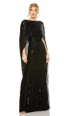 Mac Duggal - Black Embellished Beaded Column Cape Gown