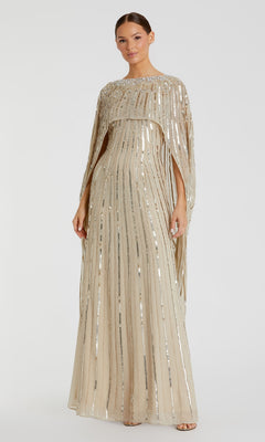 Mac Duggal - Black Embellished Beaded Column Cape Gown - US 8