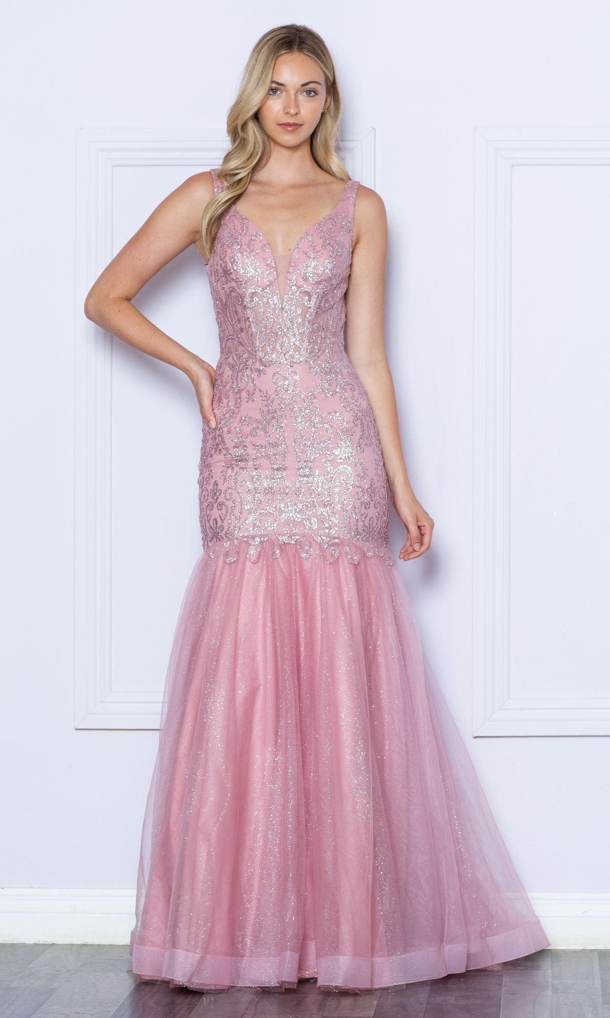 Low V-Neck Long Glitter Mermaid Prom Dress 9388