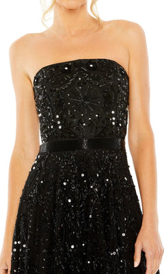 Woman wearing the Mac Duggal 93898 Strapless Wedding Guest Dress, featuring intricate beadwork and sequin embellishments, photographed from shoulders to waist against a white background.