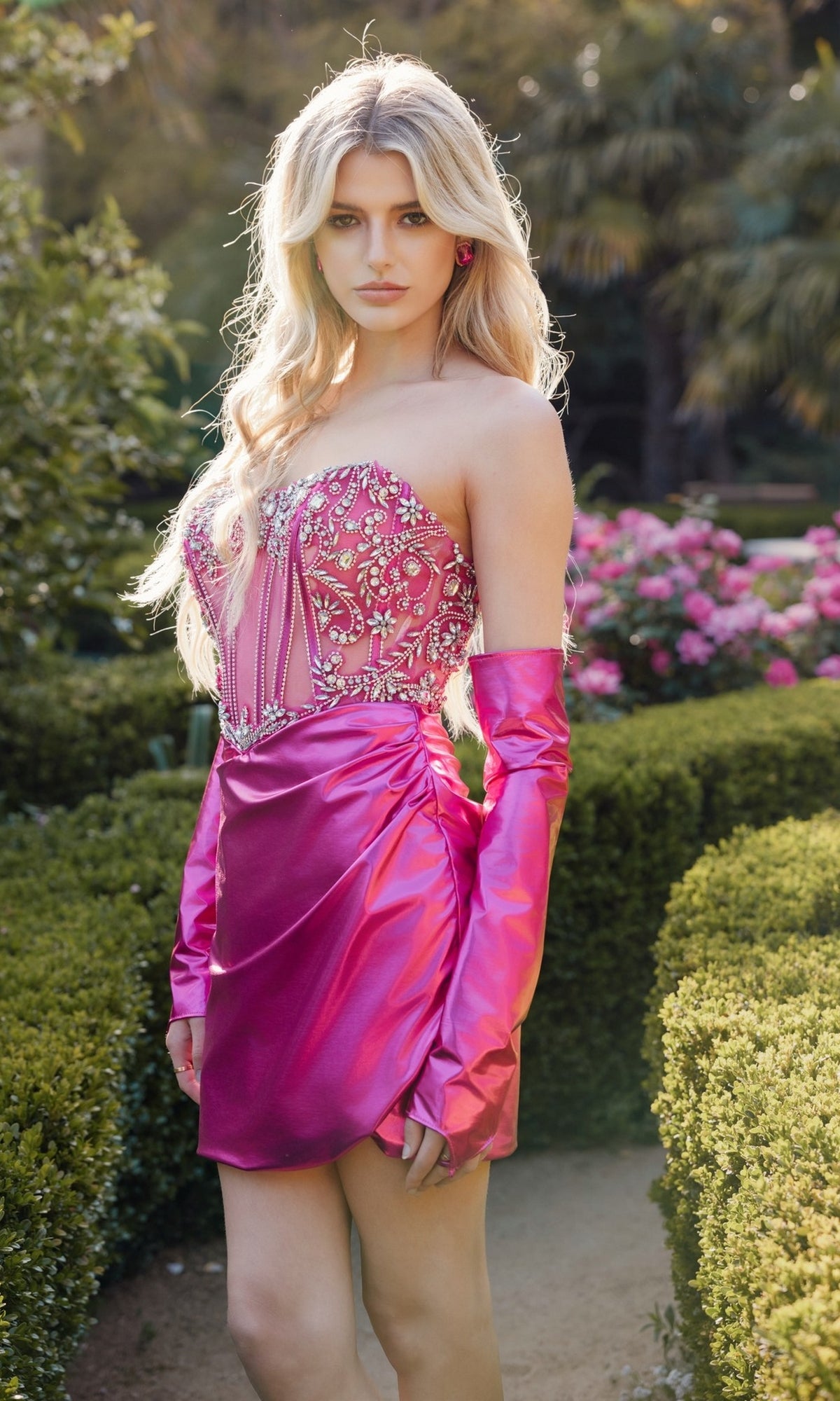 Strapless Short Homecoming Dress with Matching Gloves Fuchsia / 4