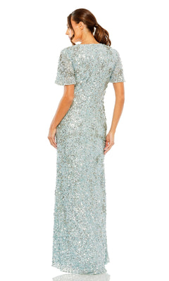 Woman wearing the Long Formal Dress 93932 by Mac Duggal in French blue sequins, floor-length with short sleeves, shown from the back against a white background.