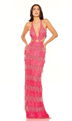 A woman wears the Mac Duggal Backless Beaded Formal Dress 93956, a bright pink, floor-length gown featuring scalloped layers, beaded fringe, a deep V-neckline, and a central waist cutout.