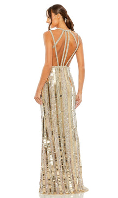 Woman in the Mac Duggal Open-Back Sequin Formal Dress 93981, a sleeveless, floor-length gold gown with geometric straps, open back, and shimmering sequin fabric, standing and facing away.
