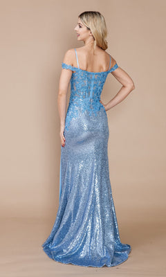 A woman stands facing away in the Sheer-Corset Long Sequin Prom Dress: Poly USA 9398, showcasing its off-the-shoulder back details against a plain beige background.