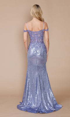 A blonde woman wears the Sheer-Corset Long Sequin Prom Dress (Poly USA 9398), a floor-length, lavender off-the-shoulder gown with a lace-up back, standing against a beige background.