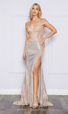 A woman poses by a white wall in the Sheer-Corset Long Sequin Prom Dress: Poly USA 9398, featuring shimmery sequins, an off-the-shoulder neckline, thigh-high slit, and lace-detailed bodice for a glamorous formal look.