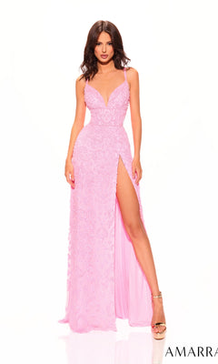 A woman poses against a white background in the Amarra Lace-Up Long Beaded Prom Dress 94024, a light pink fitted gown featuring a sleeveless design, deep V neckline, thigh-high slit, and intricate embroidered details.