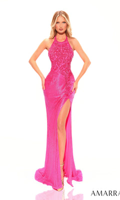 A woman models the Amarra Beaded Halter-Bodice Long Prom Dress 94028—a bright pink, floor-length gown with a beaded halter bodice and high slit—posing against a white backdrop to showcase its open-back elegance.