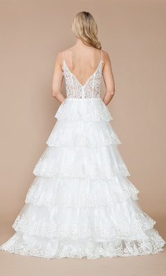 A blonde woman models the Sheer-Bodice Long Ruffle Prom Ball Gown: Poly 9402, featuring a white lace tiered skirt, thin straps, and a low V-back, standing against a plain beige background.