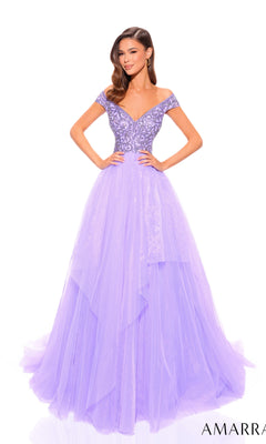 Woman models the Amarra 94038 Beaded-Bodice Long A-Line Prom Dress in lavender, featuring an off-the-shoulder neckline, fitted beaded bodice, and floor-length layered tulle skirt, posed against a white background.