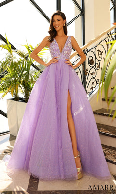 A woman poses confidently on a staircase in the Amarra 94052 V-Neck Long Sequin Prom Ball Gown, a sleeveless lavender A-line dress featuring a deep V-neck, high slit, and sparkling glitter details.