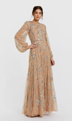 Embellished High Neck Puff Sleeve Gown - Mac Duggal Nude Silver / US 8 Embellished High Neck Puff Sleeve Gown - Mac Duggal Nude Silver / US 8