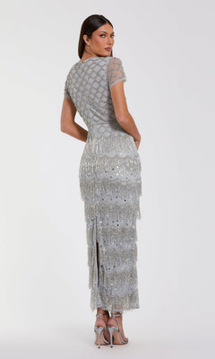 Mac Duggal - Blue Cap Sleeve Embellished Fringe Maxi Dress
