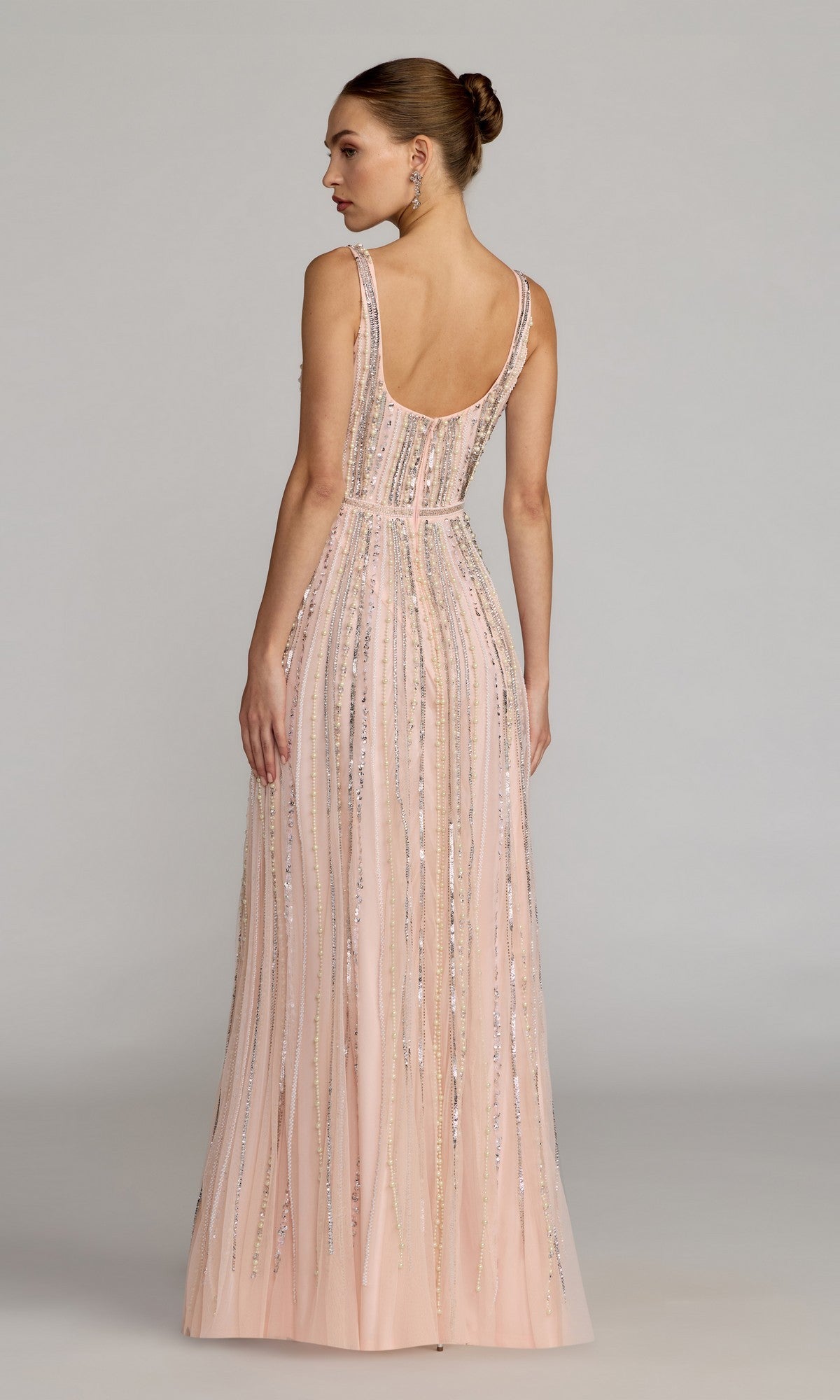 beaded blush bridesmaid dress Mac Duggal Women's Scoop Neck A-Line Gown With Striped Beading Satin