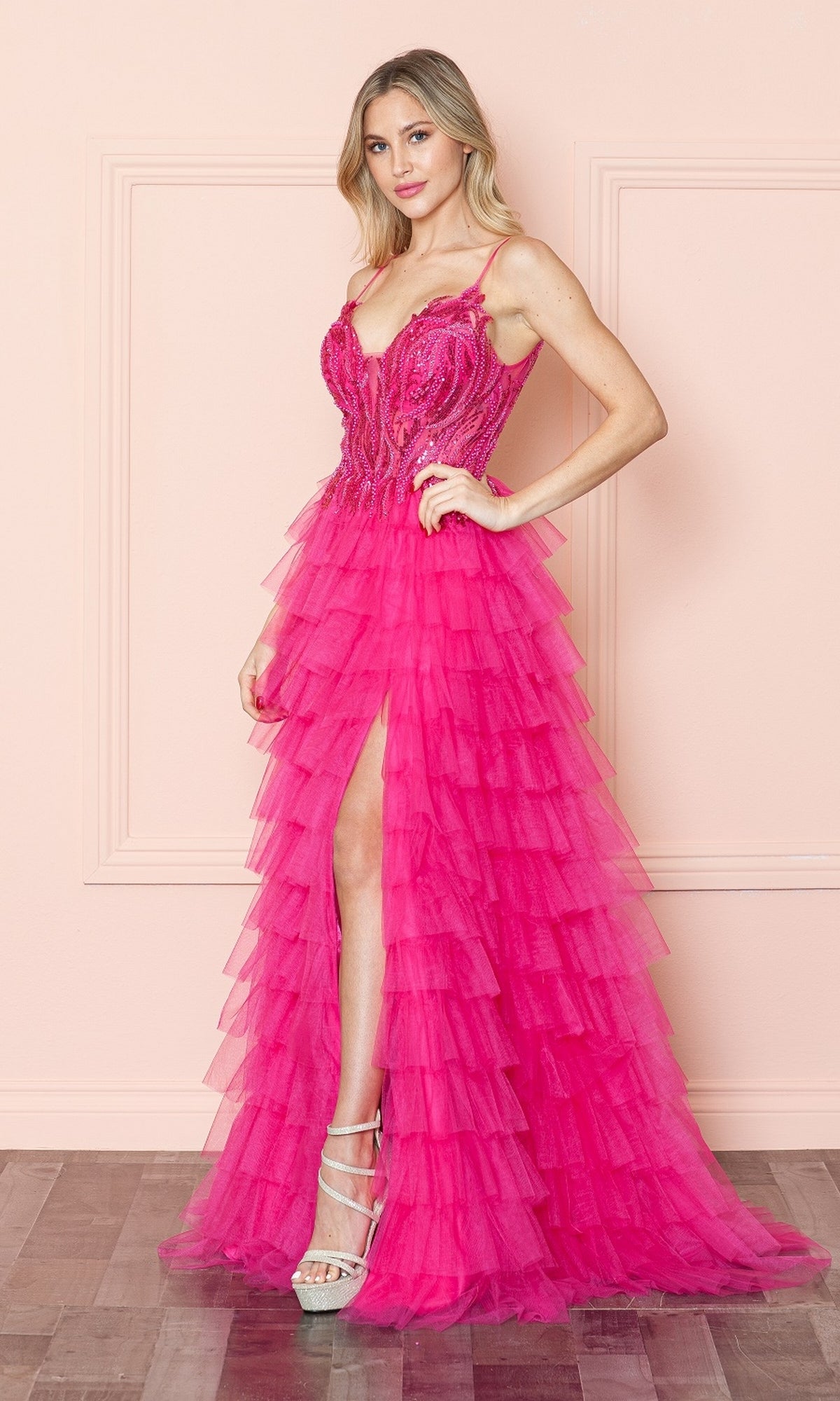 Open-Back Long Ruffled Prom Dress: Poly USA 9408
