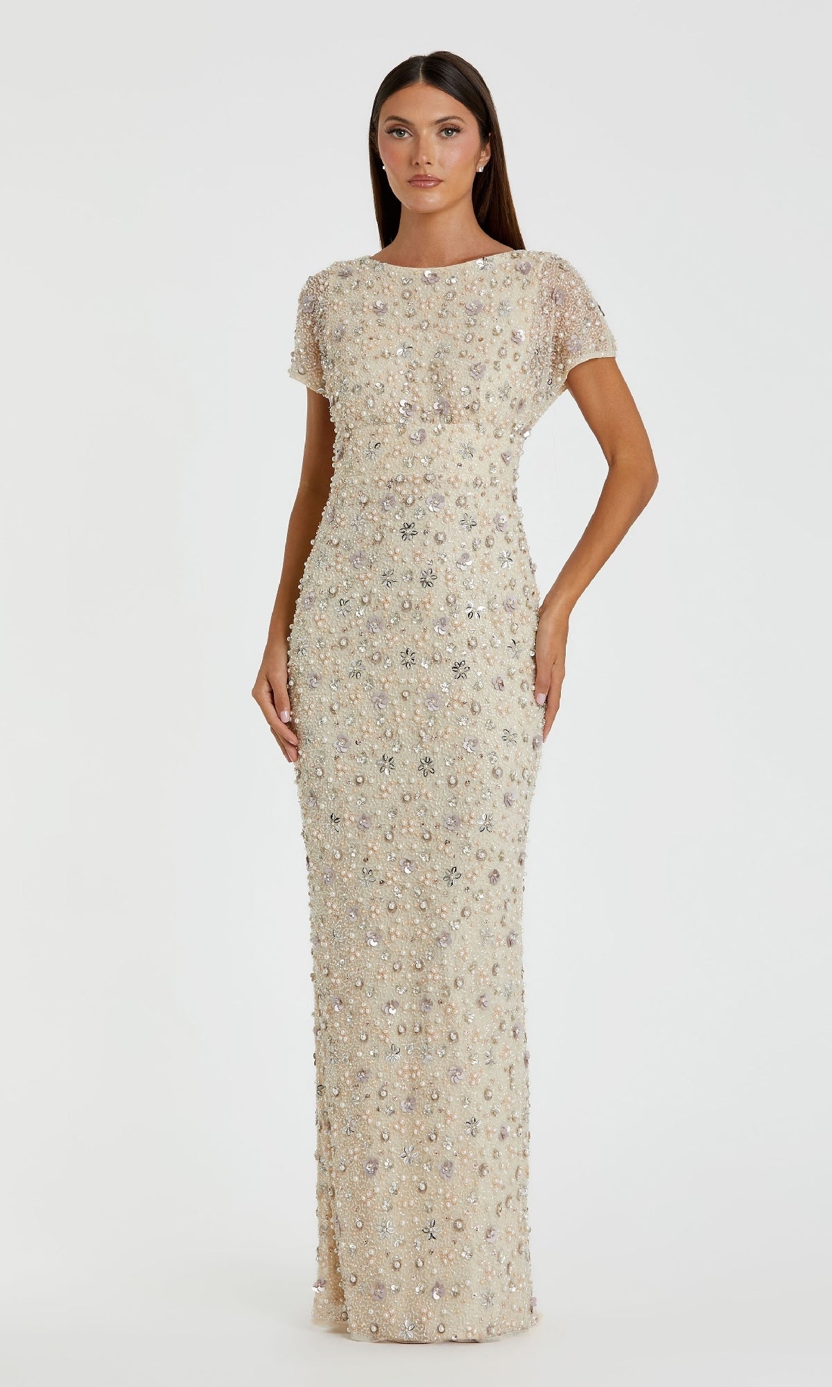 Mac Duggal - Ivory Floral Embellished Mesh Fitted Column Gown - Oyster / US 10 Mac Duggal - Ivory Floral Embellished Mesh Fitted Column Gown - Oyster / US 10