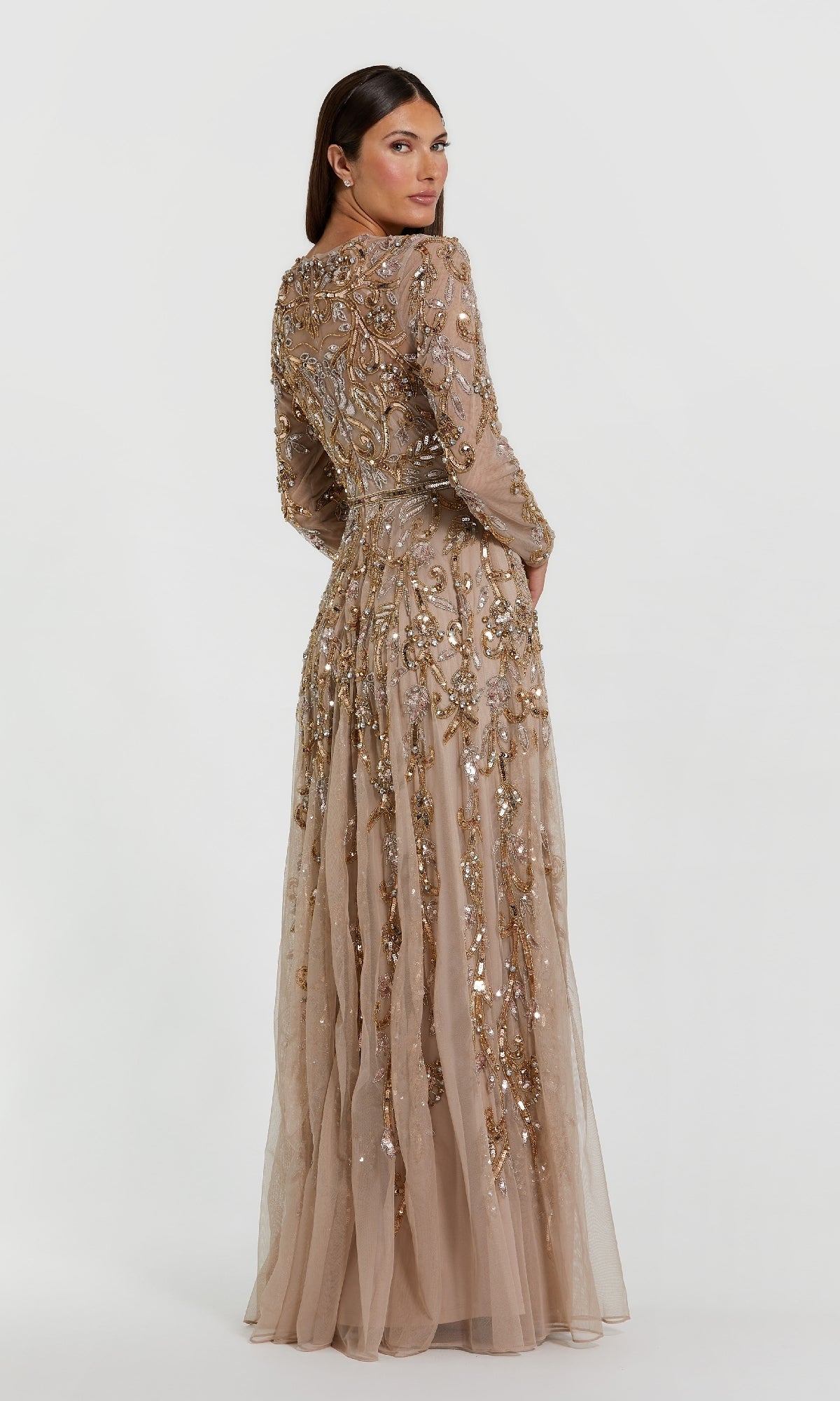 Beige Long Sleeve Hand Embellished Gown