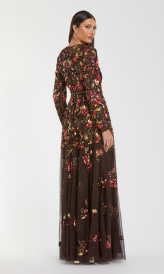 Woman wearing the Mac Duggal 94275 Long Sleeve Sequin Formal Dress, standing and looking over her shoulder against a plain white background.