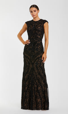 mac duggal black sequin dress Mac Duggal - Black Embellished Lace Cap Sleeve Evening Gown
