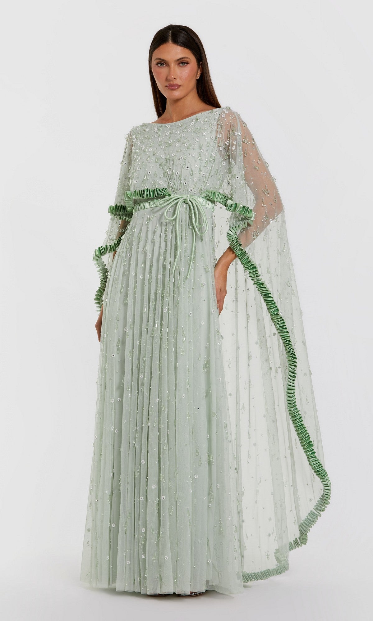 jade formal dresses Sage Green Beaded Cape Sleeve Gown With Ruffle Trim jade dress