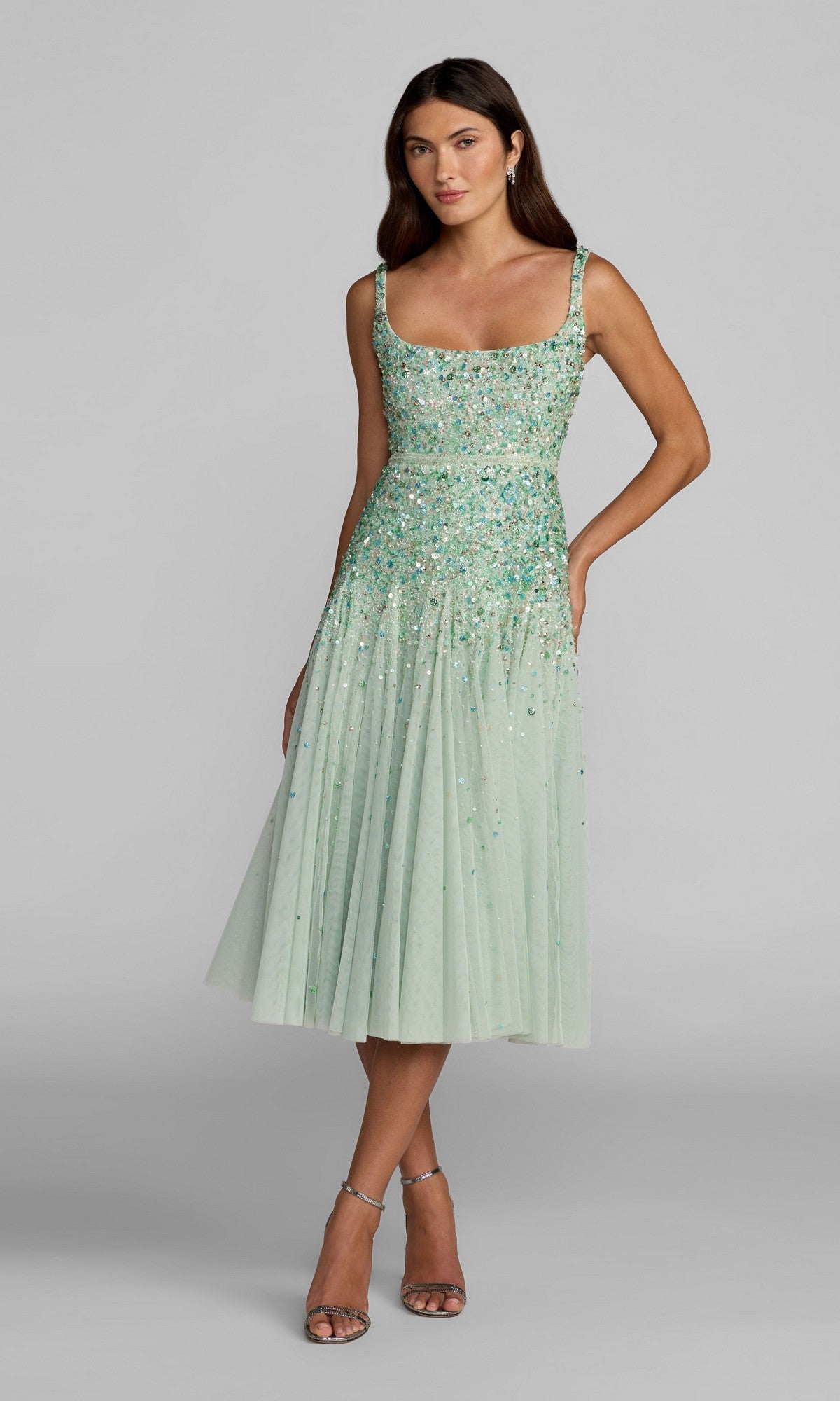 green midi dress wedding guest Mac Duggal Women's Beaded Mesh Midi-Dress - Seafoam Multi Foot Size:37 Cassidy Embellished Bandeau Mini The look finishes beautifully 2025BFCM1430