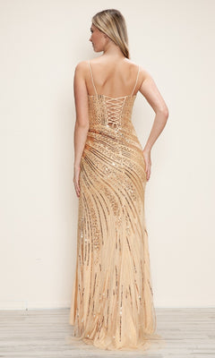 A woman faces away, wearing the Poly USA 9438 Lace-Up Long Beaded Prom Dress— a floor-length gold sequin gown with thin straps and lace-up back detail.