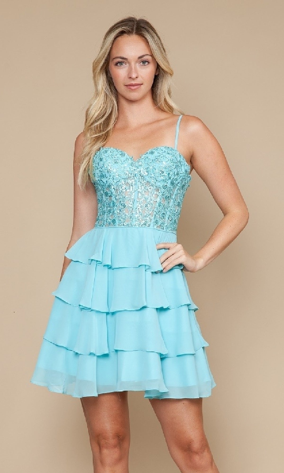 Short Ruffled Lace-Up Hoco Dress: Poly USA 9494