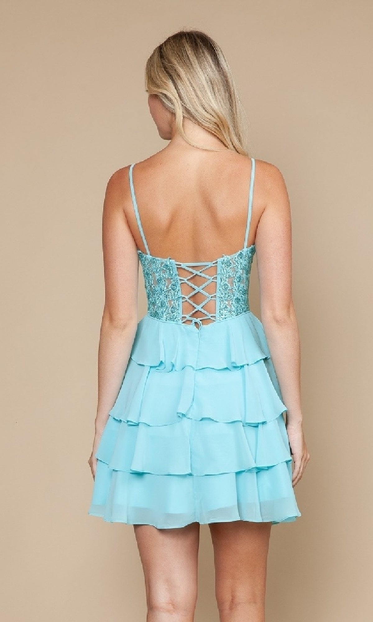 Short Ruffled Lace-Up Hoco Dress: Poly USA 9494