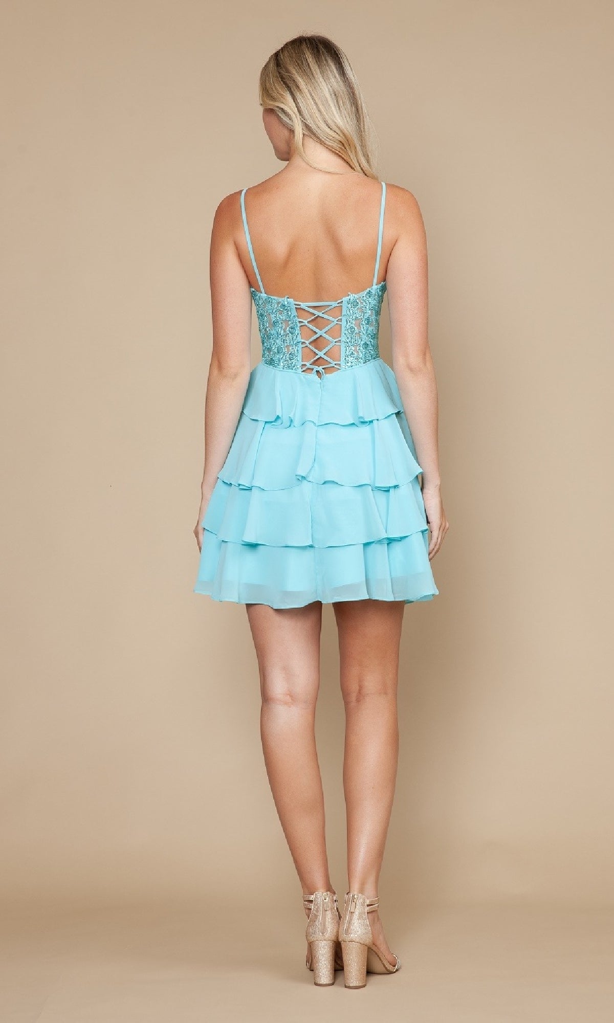 Short Ruffled Lace-Up Hoco Dress: Poly USA 9494