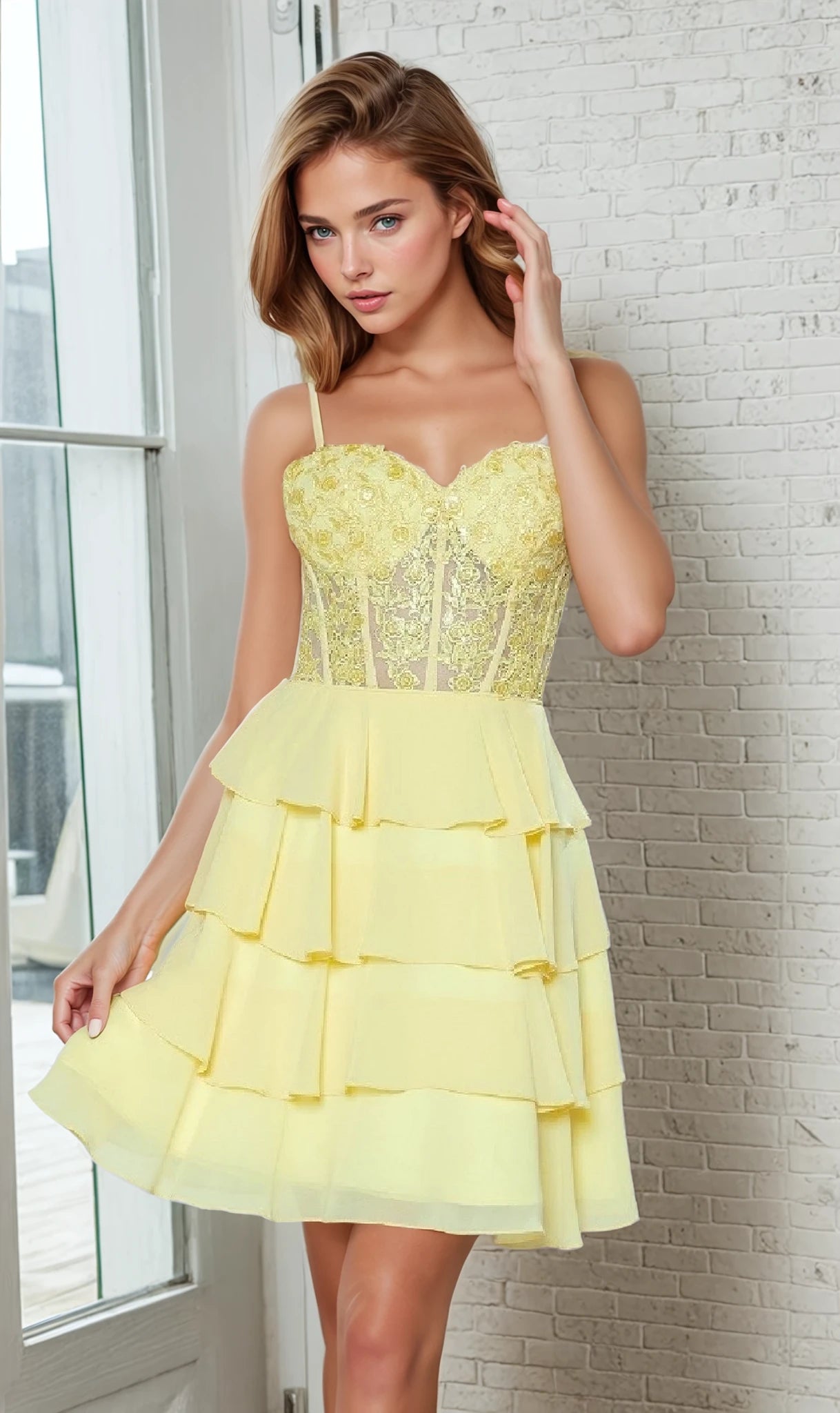 Short Ruffled Lace-Up Hoco Dress: Poly USA 9494