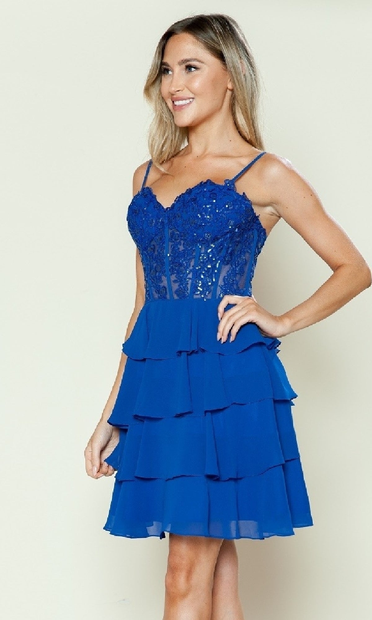 Short Ruffled Lace-Up Hoco Dress: Poly USA 9494