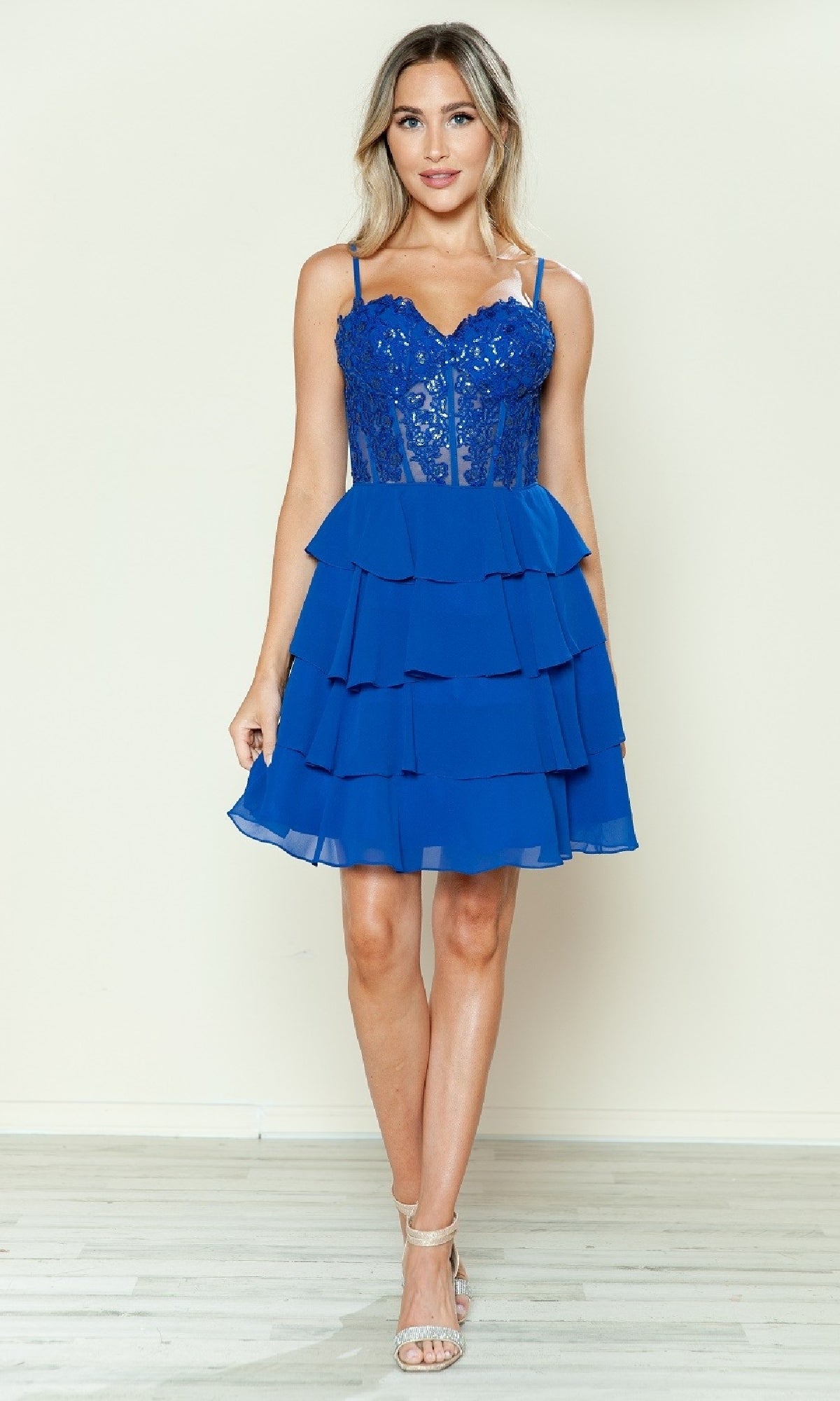 Short Ruffled Lace-Up Hoco Dress: Poly USA 9494